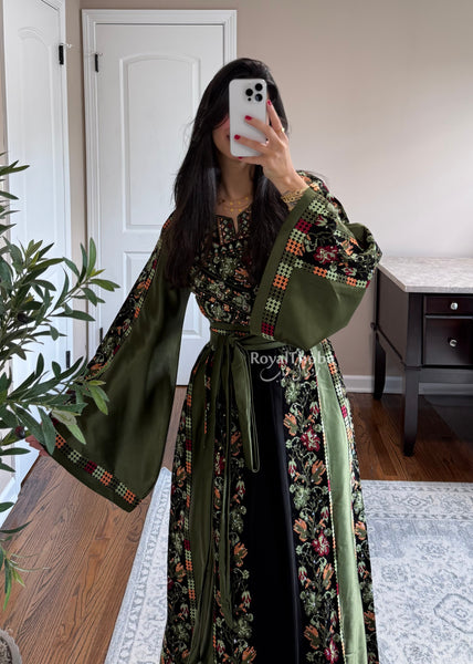Black/Olive Green Orange Floral Long Full Embroidered Thobe