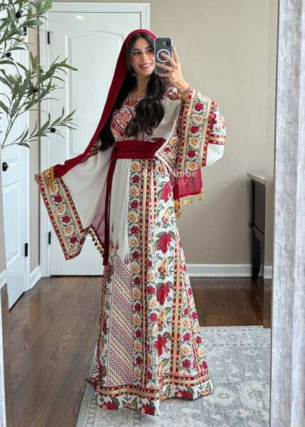 Bridal White/ Red and Gold Kasab Floral Full Embroidered Thobe And Shaleh Included