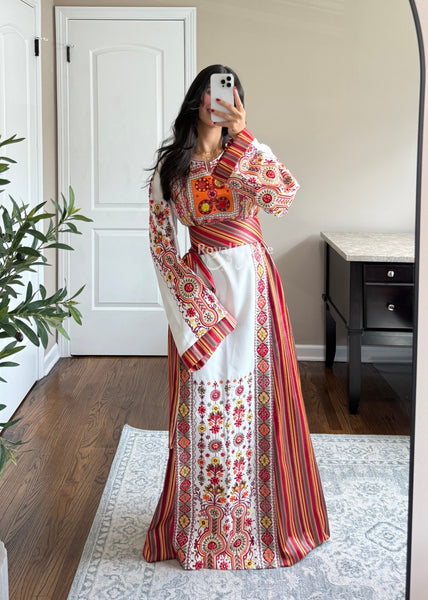 Sunset White/Orange Saya Maleka Full Embroidered Thobe