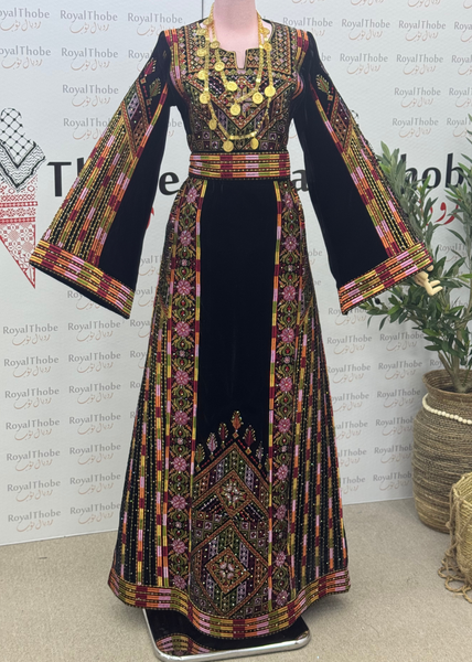 Velvet Black Manajel Long Full Embroidered Thobe