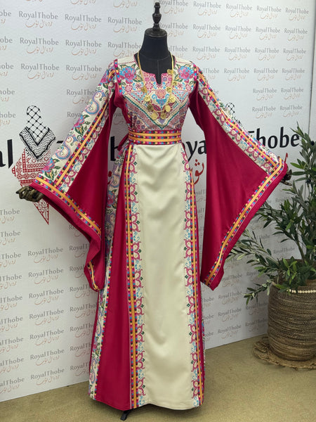 Pink & Cream Beige Satin  Floral Full Embroidered Thobe