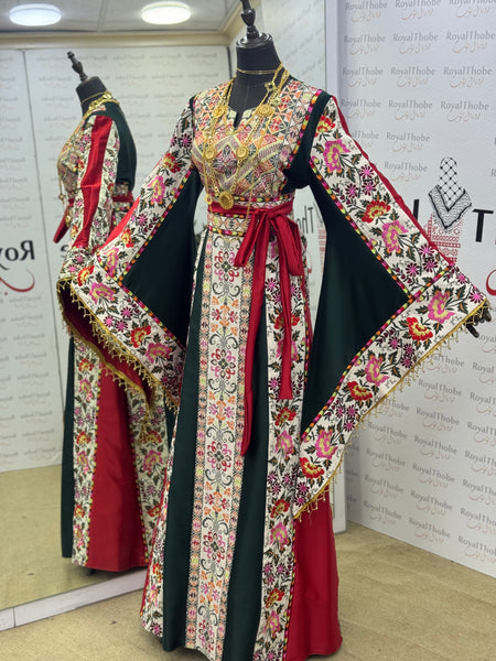 Olive Green & Cream Beige Satin Floral Full Embroidered Thobe with Gold Beaded Fringe Sleeves