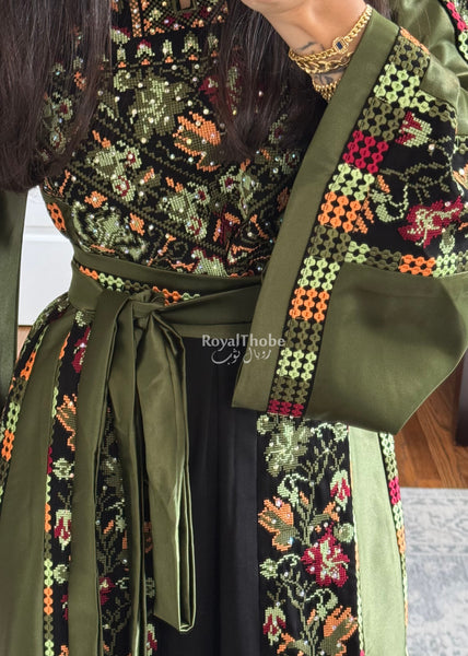 Black/Olive Green Orange Floral Long Full Embroidered Thobe