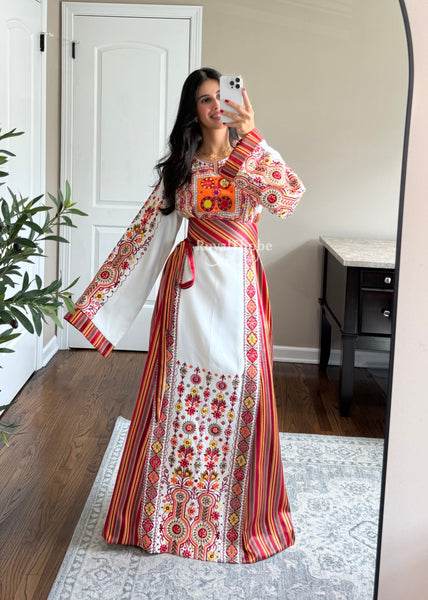 Sunset White/Orange Saya Maleka Full Embroidered Thobe