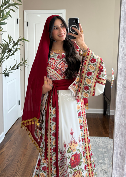 Bridal White/ Red and Gold Kasab Floral Full Embroidered Thobe And Shaleh Included
