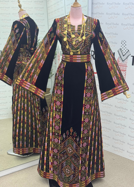 Velvet Black Manajel Long Full Embroidered Thobe