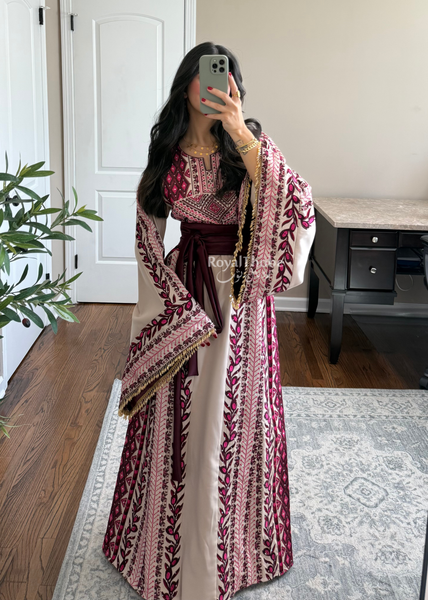 Beige/ Burgundy Zaytona Branches Full Embroidered Thobe