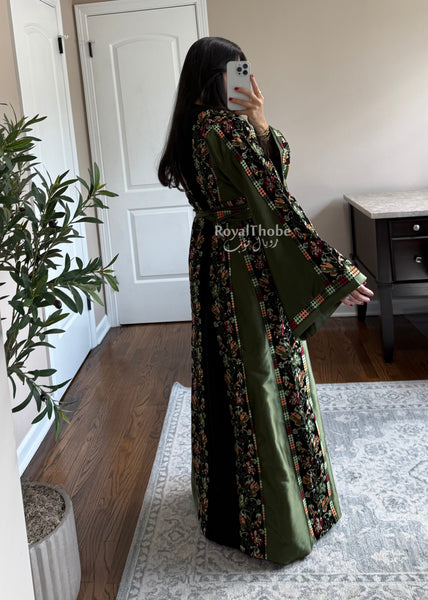 Black/Olive Green Orange Floral Long Full Embroidered Thobe