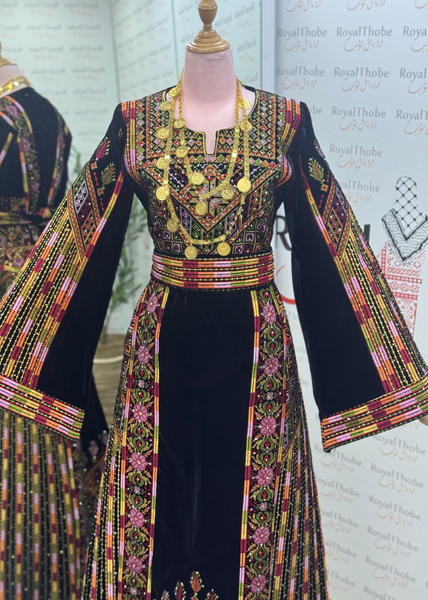 Velvet Black Manajel Long Full Embroidered Thobe