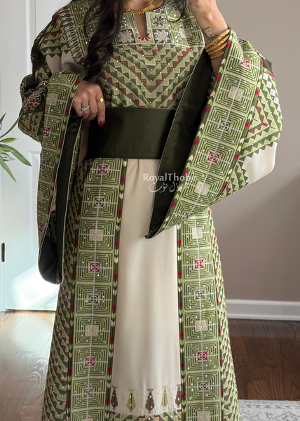 Beige/ Olive Green Arrow Full Embroidered Thobe With Olive Green Gold Coins Kherka