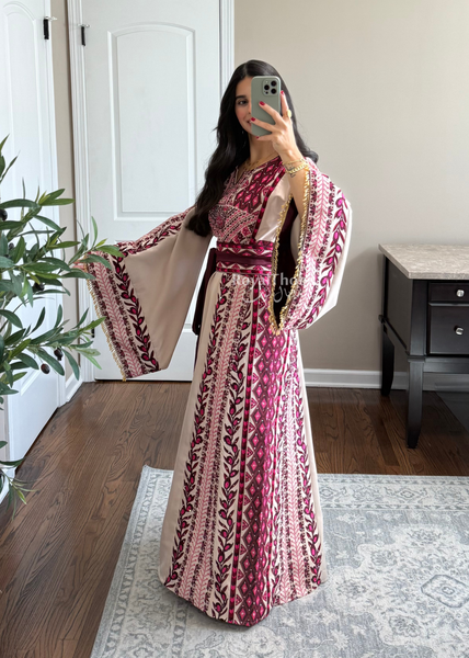 Beige/ Burgundy Zaytona Branches Full Embroidered Thobe