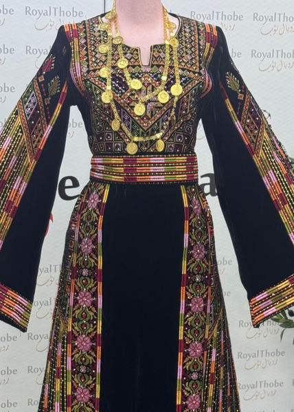 Velvet Black Manajel Long Full Embroidered Thobe