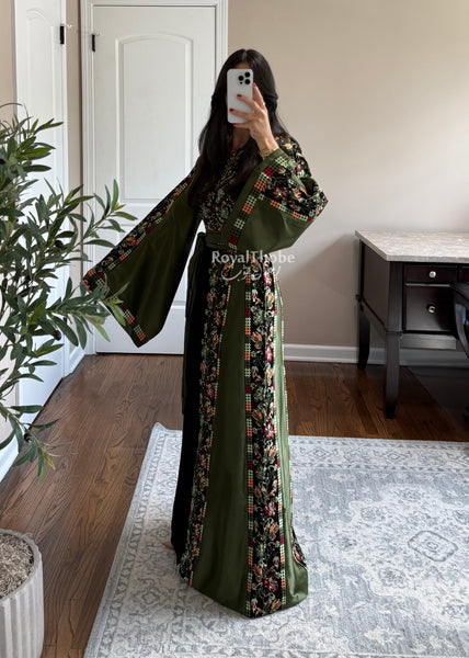 Black/Olive Green Orange Floral Long Full Embroidered Thobe