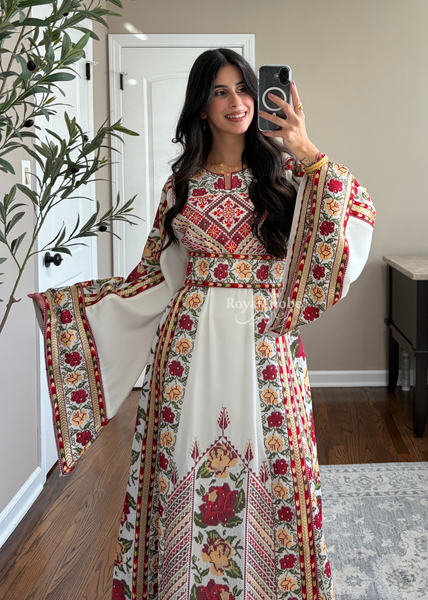 Bridal White/ Red and Gold Kasab Floral Full Embroidered Thobe And Shaleh Included