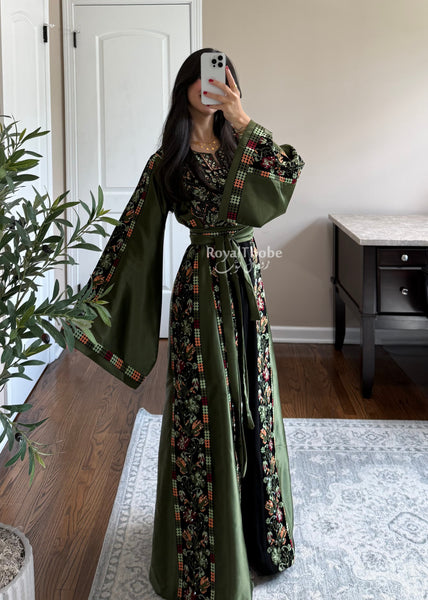Black/Olive Green Orange Floral Long Full Embroidered Thobe