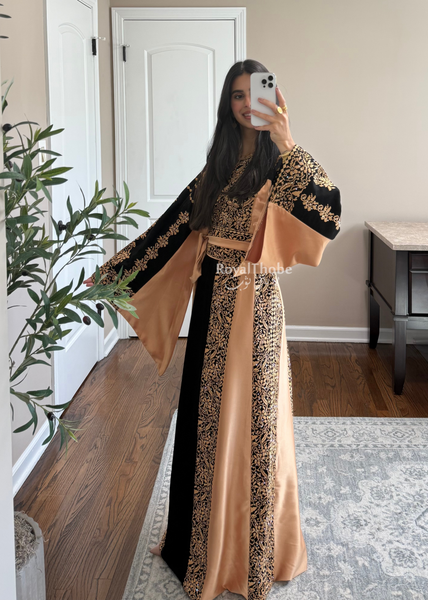 Black/ Gold Satin Simple Worood Long Full Embroidered Thobe
