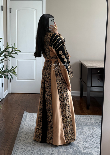 Black/ Gold Satin Simple Worood Long Full Embroidered Thobe