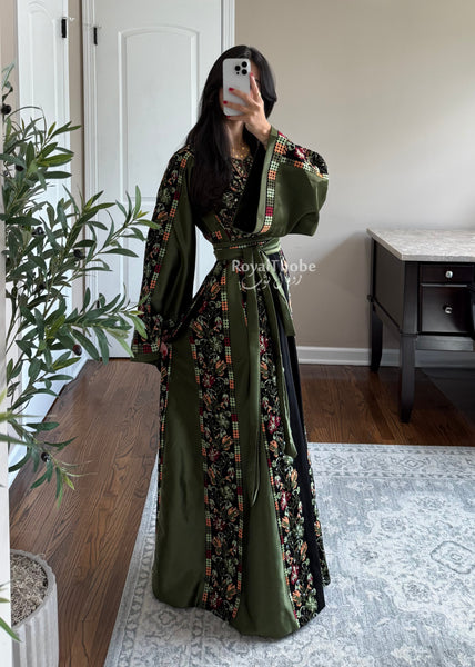Black/Olive Green Orange Floral Long Full Embroidered Thobe
