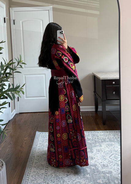 Black Colorful Maleka Full Embroidered Thobe