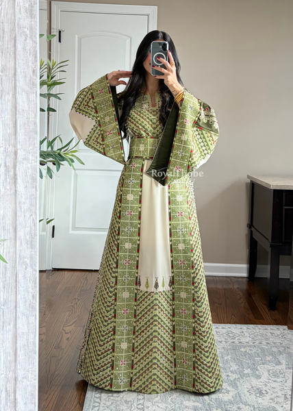 Beige/ Olive Green Arrow Full Embroidered Thobe With Olive Green Gold Coins Kherka