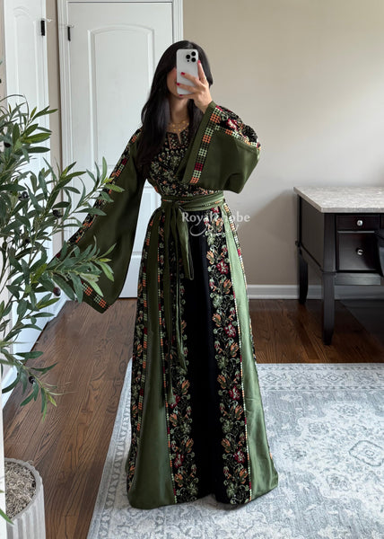 Black/Olive Green Orange Floral Long Full Embroidered Thobe