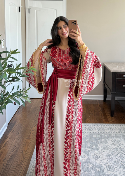 Beige/ Burgundy Zaytona Branches Full Embroidered Thobe