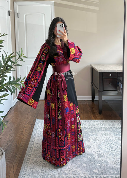 Black Colorful Maleka Full Embroidered Thobe