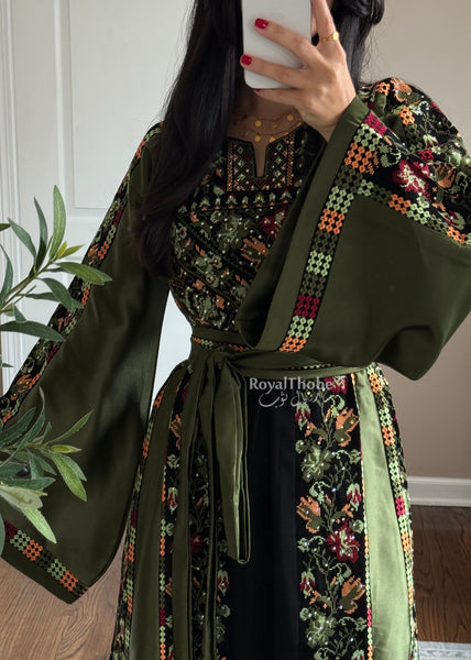 Black/Olive Green Orange Floral Long Full Embroidered Thobe