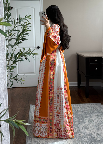 White/ Mustard Orange Maleka Floral Long Embroidered Thobe