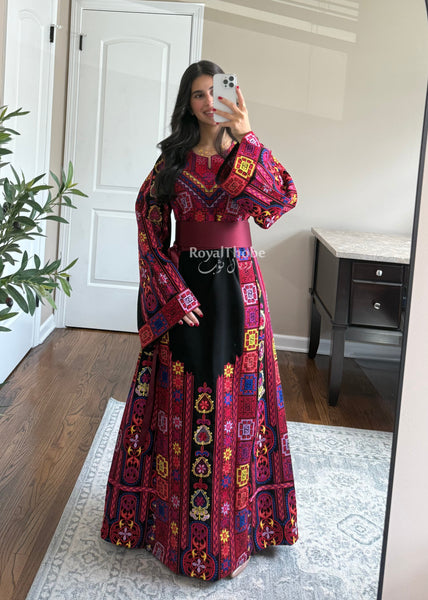 Black Colorful Maleka Full Embroidered Thobe