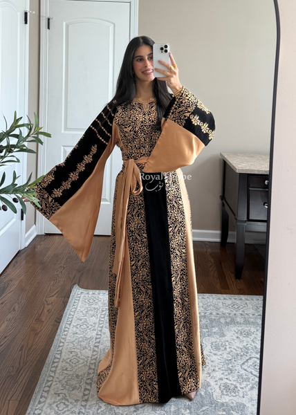 Black/ Gold Satin Simple Worood Long Full Embroidered Thobe