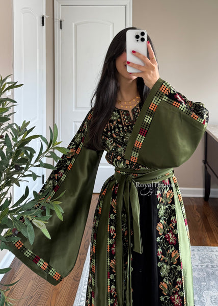 Black/Olive Green Orange Floral Long Full Embroidered Thobe