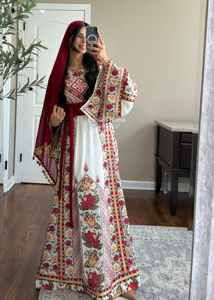 Bridal White/ Red and Gold Kasab Floral Full Embroidered Thobe And Shaleh Included