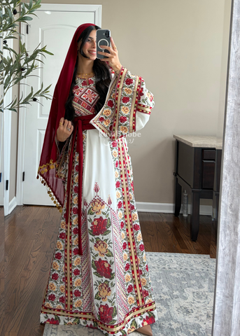 Bridal White/ Red and Gold Kasab Floral Full Embroidered Thobe And Shaleh Included