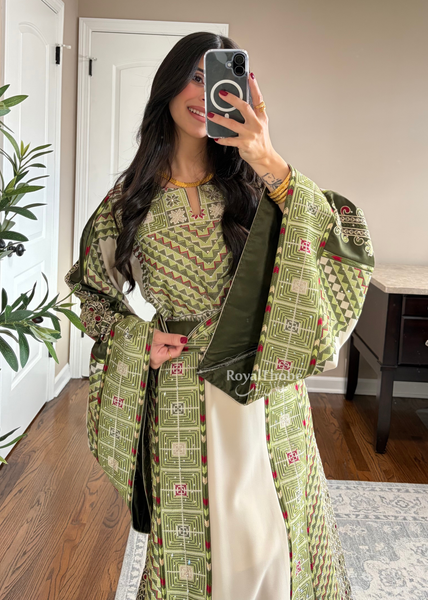 Beige/ Olive Green Arrow Full Embroidered Thobe With Olive Green Gold Coins Kherka