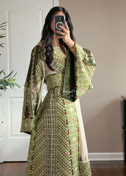 Beige/ Olive Green Arrow Full Embroidered Thobe With Olive Green Gold Coins Kherka