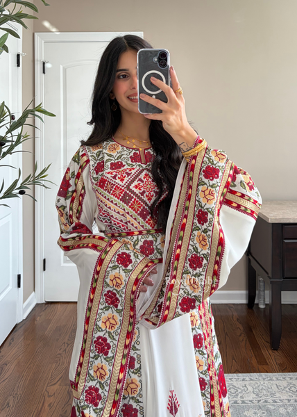 Bridal White/ Red and Gold Kasab Floral Full Embroidered Thobe And Shaleh Included
