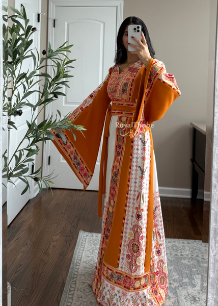 White/ Mustard Orange Maleka Floral Long Embroidered Thobe