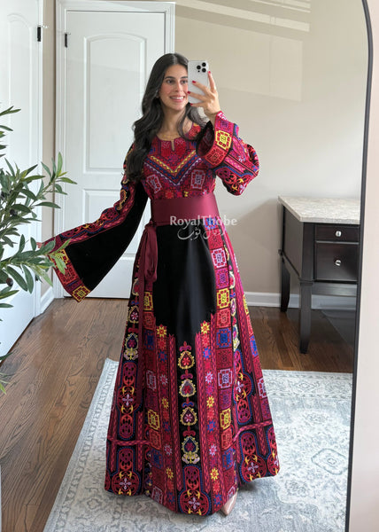 Black Colorful Maleka Full Embroidered Thobe