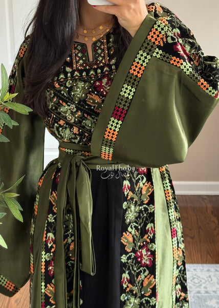 Black/Olive Green Orange Floral Long Full Embroidered Thobe