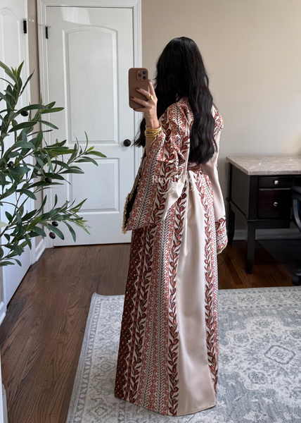 Beige/ Brown Zaytona Branches Full Embroidered Thobe