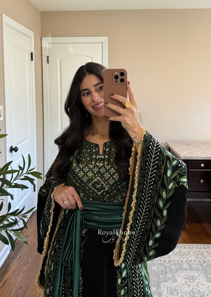 Black/ Olive Green Zaytona Branches Full Embroidered Thobe
