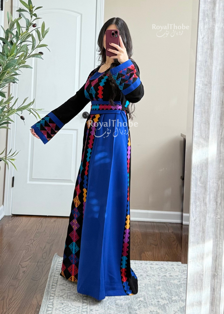 Colorfull Thobe Black/Royal Blue Colorful Square Neck Long Full Embroidered Thobe