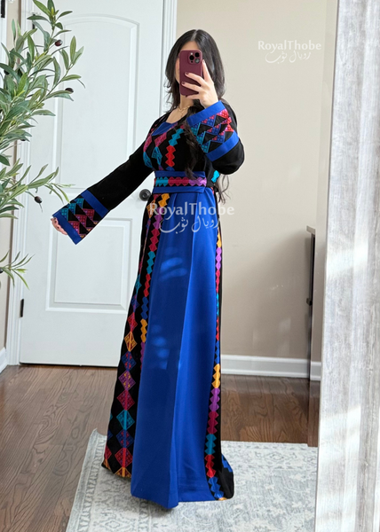 Black/Royal Blue Colorful Square Neck Long Full Embroidered Thobe