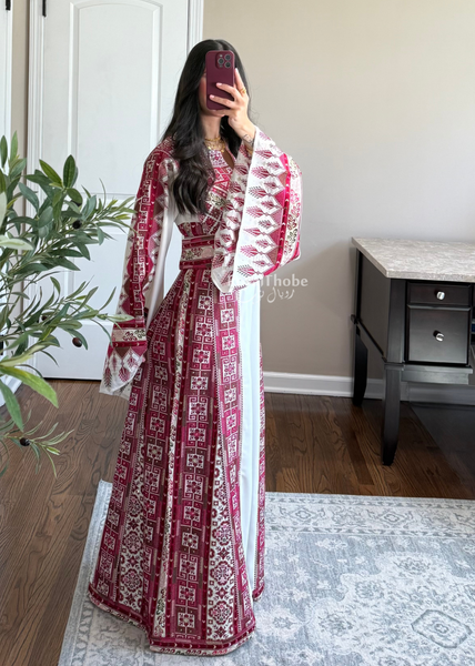 White/ Pinkish Maroon Simple Full Embroidered Thobe