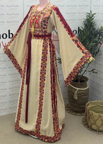 Beige / Burgundy Manajel Mini Flowers Long Full Embroidered Thobe