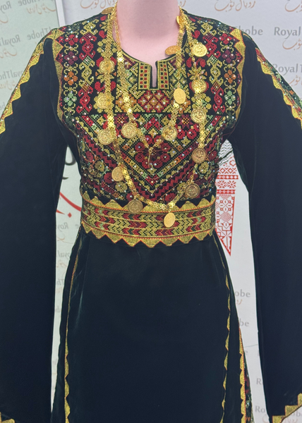 Velvet Olive Green Simple Floral Long Embroidered Thobe/Dress