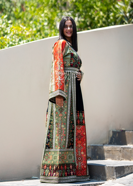 Black Orange & Olive Green Maleka Long Full Embroidered Thobe