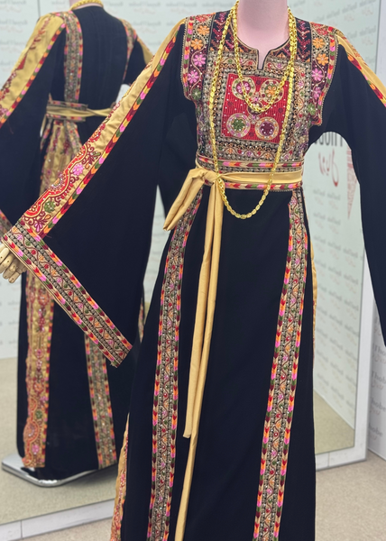 Black / Gold Manajel Mini Flowers Long Full Embroidered Thobe