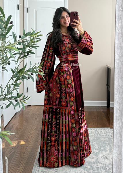 Velvet Burgundy Maleka Floral Long Fully Embroidered Thobe